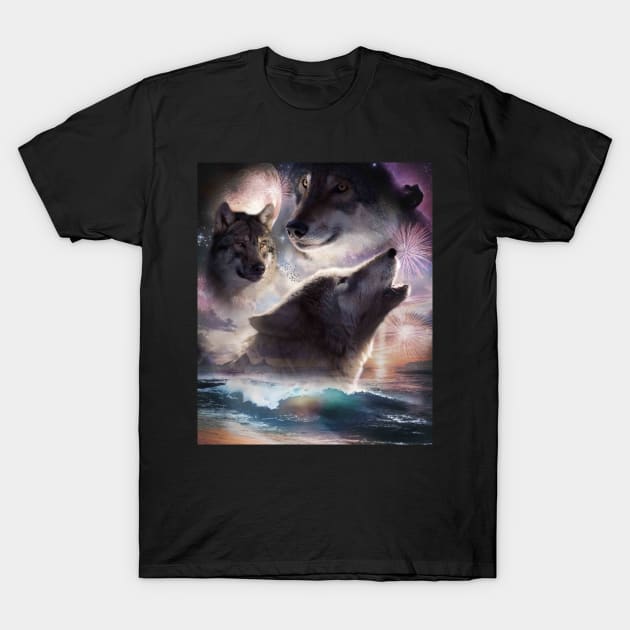 3 Wolf Beach, Three Wolves Howling At Moon In Space T-Shirt by Random Galaxy